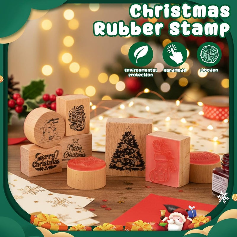 Supervitae 8 Pcs Christmas Wooden Rubber Stamp Set Merry Christmas Vintage Wooden Art Stamps for Crafting and DIY Scrapbooking Card Making Hand Book - Image 5